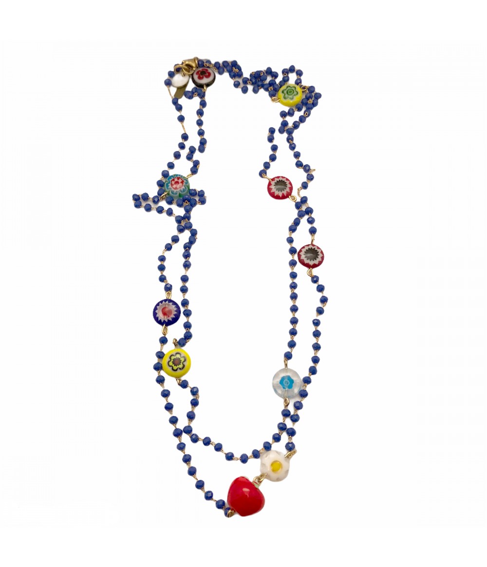 collana lunga SABRINA CANZONIERE con mini cristalli bluette, murrine, ciondoli in vetro