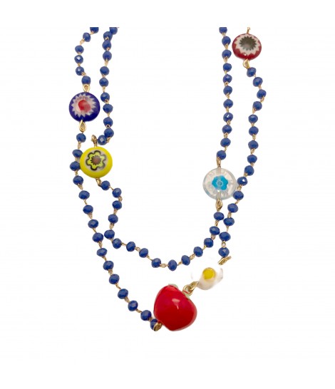 collana lunga SABRINA CANZONIERE con mini cristalli bluette, murrine, ciondoli in vetro