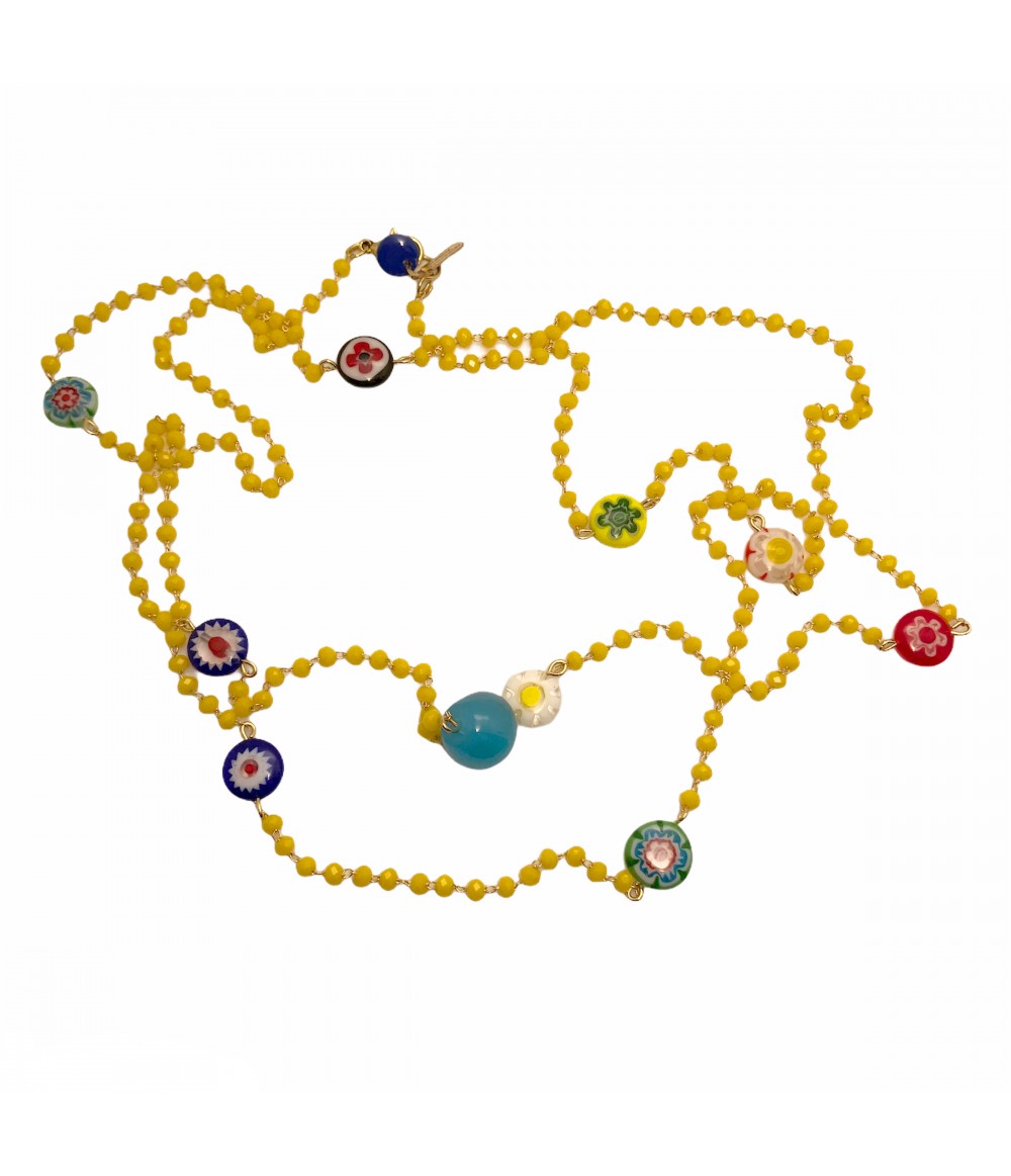 collana lunga SABRINA CANZONIERE con mini cristalli gialli, murrine, ciondoli in vetro