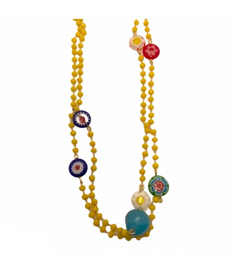 collana lunga SABRINA CANZONIERE con mini cristalli gialli, murrine, ciondoli in vetro