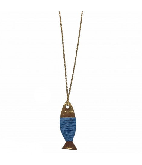 collana MIRIAM NORI con ciondolo pesce in bronzo e filo azzurro