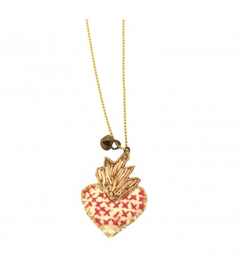 collana PUELLA "cuore sacro" con ciondolo-cuore panna, oro e ricamo rosso e campanellino