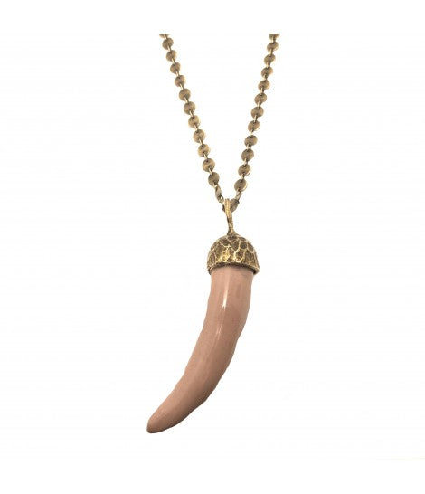 collana TOLEMAIDE in ottone brunito con ciondolo cornetto portafortuna in ceramica rosa petalo