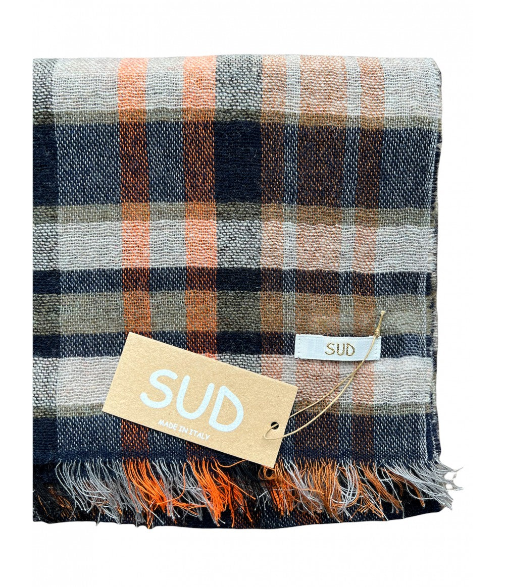 stola SUD in garza di misto lana con fantasia tartan blu, arancio e panna