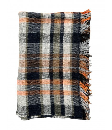 stola SUD in garza di misto lana con fantasia tartan blu, arancio e panna