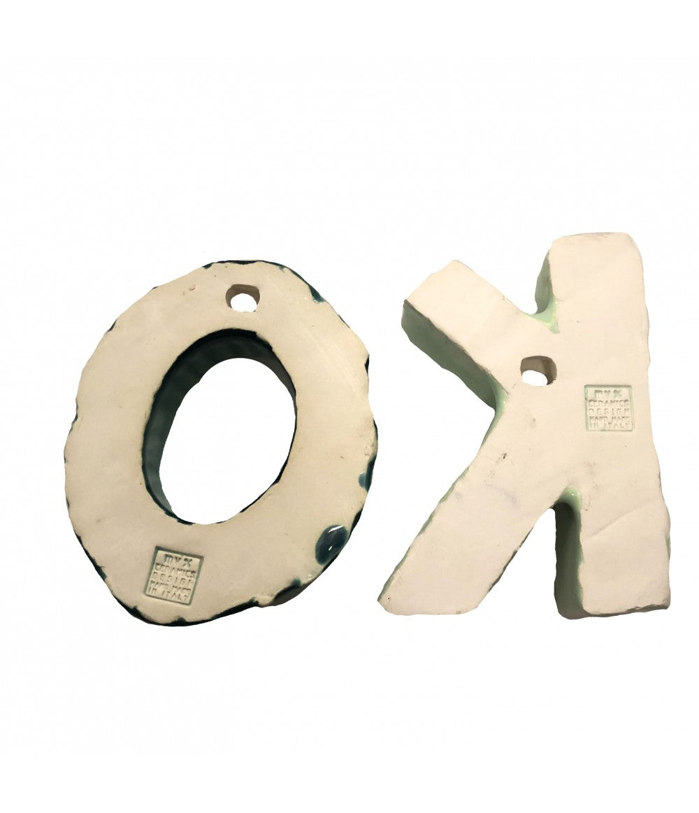 scritta in ceramica MV%CERAMICS DESIGN "OK "verde mare e verde acqua