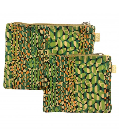 set di due bustine SUD porta tutto di diversa misura in seta cruda con fantasia optical verde e giallo