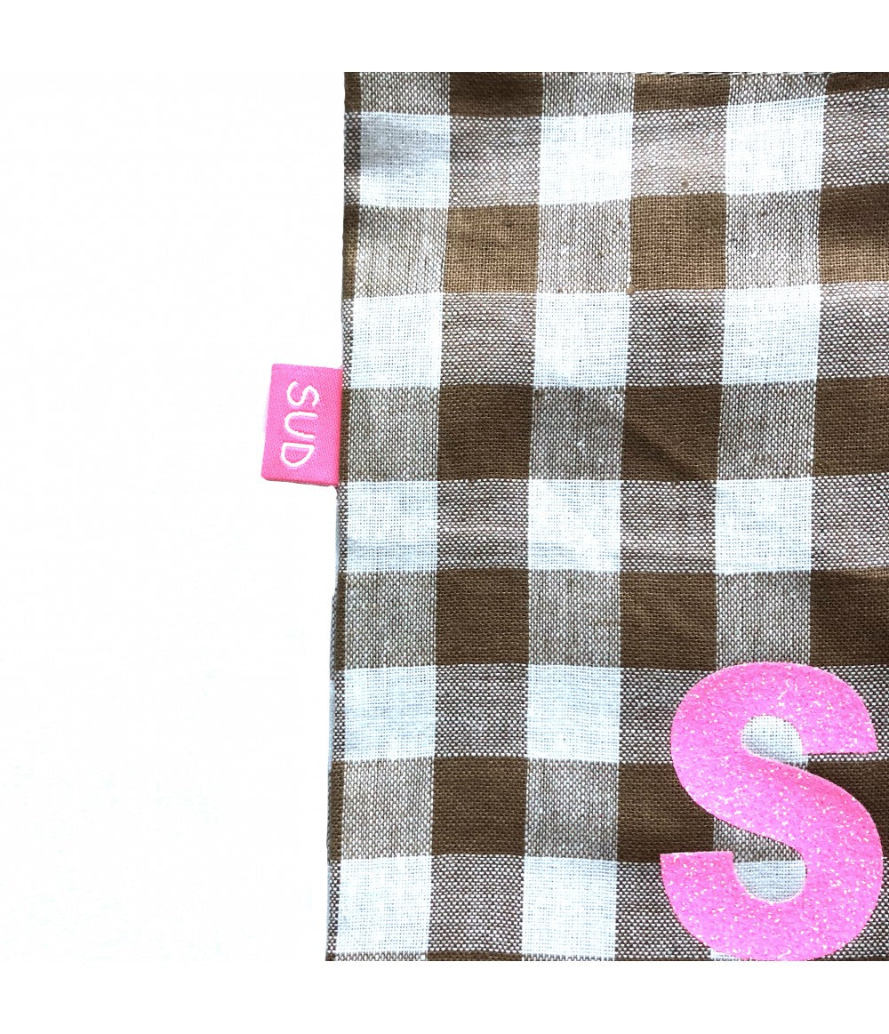 shopping bag SUD in cotone quadretti vichy marrone e bianco con scritta stampata sul davanti "summer"