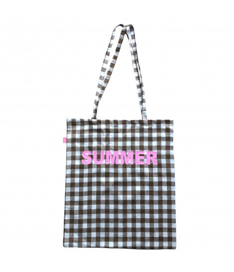 shopping bag SUD in cotone quadretti vichy marrone e bianco con scritta stampata sul davanti "summer"