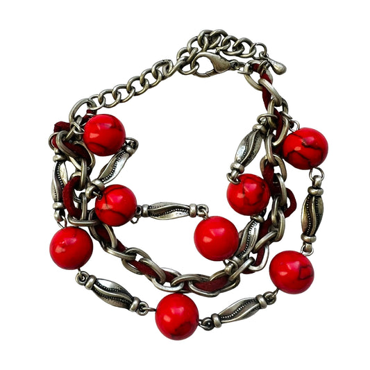 VINTAGE! bracciale a tre fili con sfere rosse ed inserto in suede