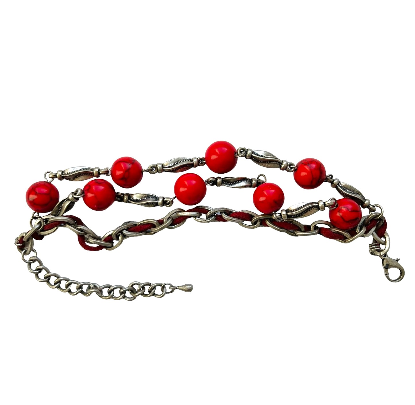 VINTAGE! bracciale a tre fili con sfere rosse ed inserto in suede