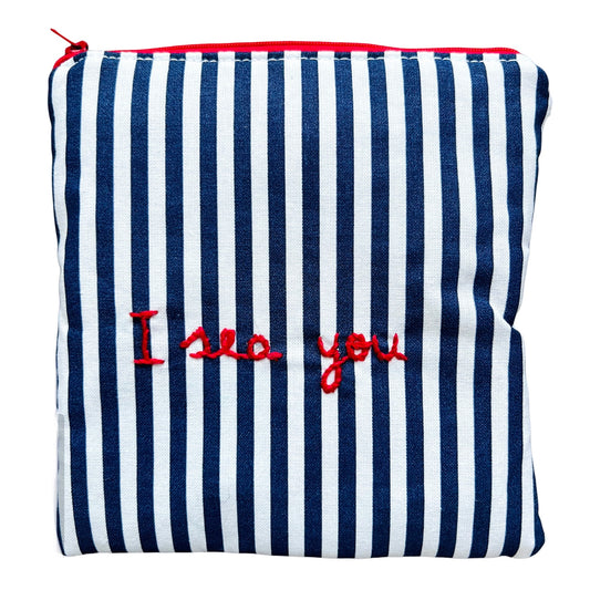 bustina VOLANTS VOLANT a righe blu "i sea you" ricamata a mano