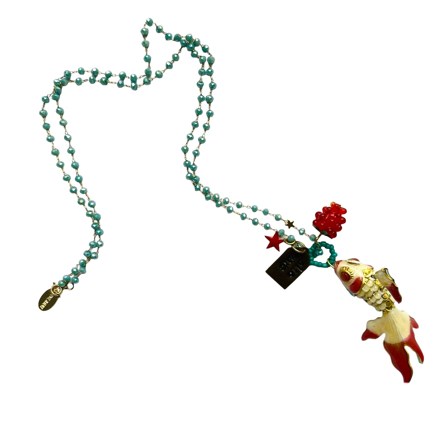 collana lunga MR BIGGY BIJOUX lavorazione rosario e cristalli verde mare con ciondolo pesce in smalto cloisonne' panna e corallo e ciondolo lampone in vetro