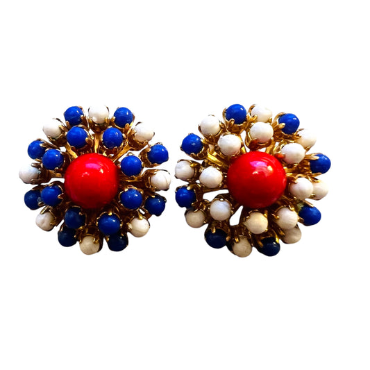 orecchini vintage "spaiati ma accoppiati" con perline rosso, panna e blu