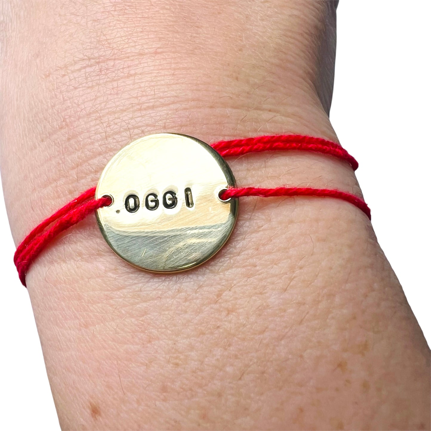 bracciale VIOLA'S CHARME a nastro con piastrina tonda in ottone "oggi" incisa a mano