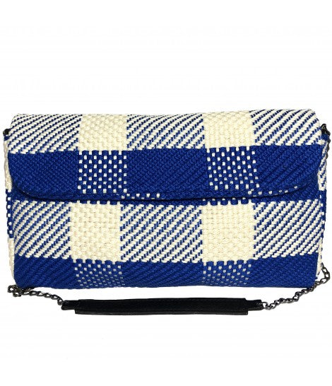 borsa MARIA LA ROSA tessuta a mano a telaio con tracolla a catena e fantasia maxi quadri colore bluette+panna