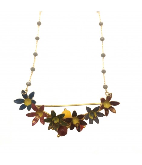 collana lunga JOYA con catena in micro cristalli  grigio chiaro e ciondolo-bouquet di fiori in smalto colorato