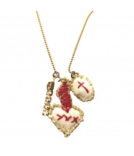 collana PUELLA in metallo dorato con ciondolo cuore ricamato e cristalli