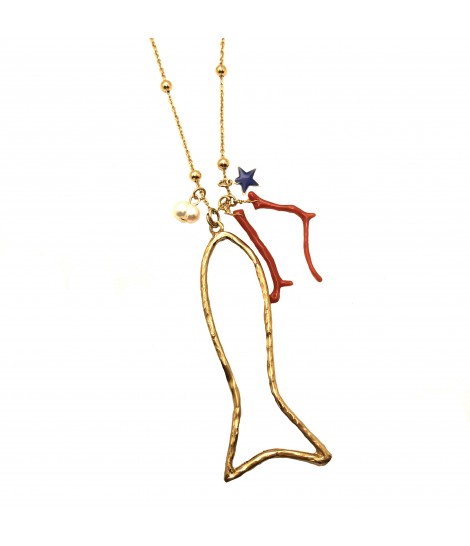 collana lunga SABRINA CANZONIERE con ciondolo pesce in bronzo, rametto in vero corallo e stelline in smalto blu