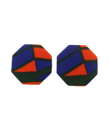 orecchini ottagonali FLOW-ERS in seta con fantasia bluette, verde e arancio