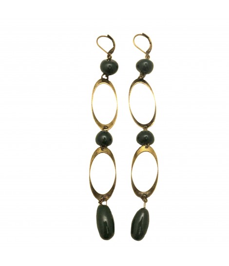orecchini TOLEMAIDE  con elementi ovali in ottone brunito e sfere di ceramica colore verde cicoria