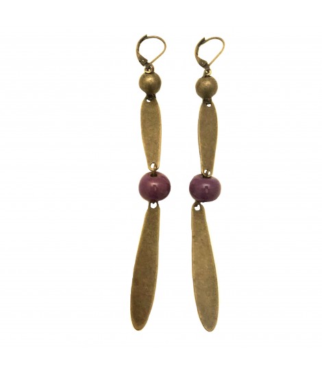 orecchini TOLEMAIDE lunghi con elementi in ottone brunito e sfere di ceramica colore viola cipolla