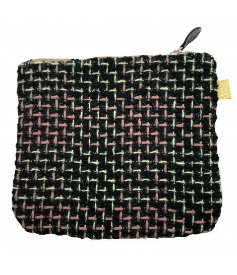 pochette a bustina SUD in tweed di lana rosa, nero e verde menta